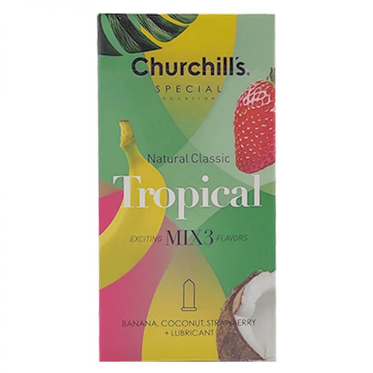 کاندوم کلاسیک روان کننده چرچیلز Churchills مدل Tropical بسته 12 عددی