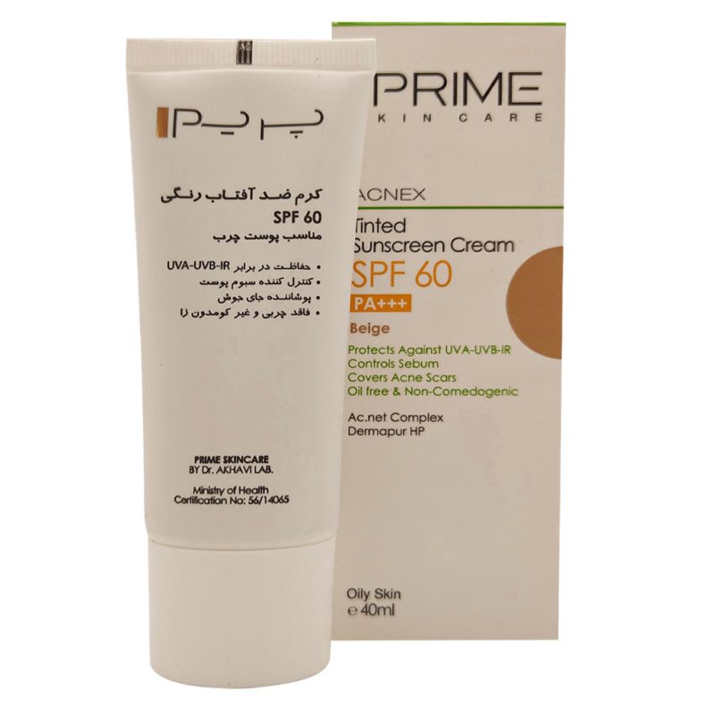 کرم ضد آفتاب رنگی بژ SPF60 پریم مدل ACNEX مناسب برای پوست چرب حجم 40 میل