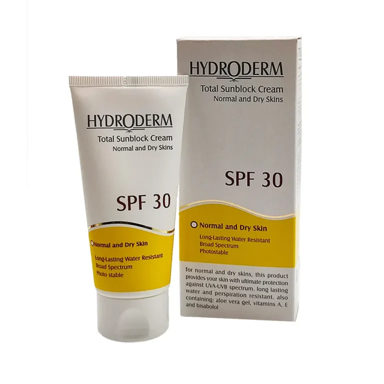 کرم ضد آفتاب بی رنگ  SPF30 هیدرودرم  مناسب پوست خشک و معمولی 50 میل