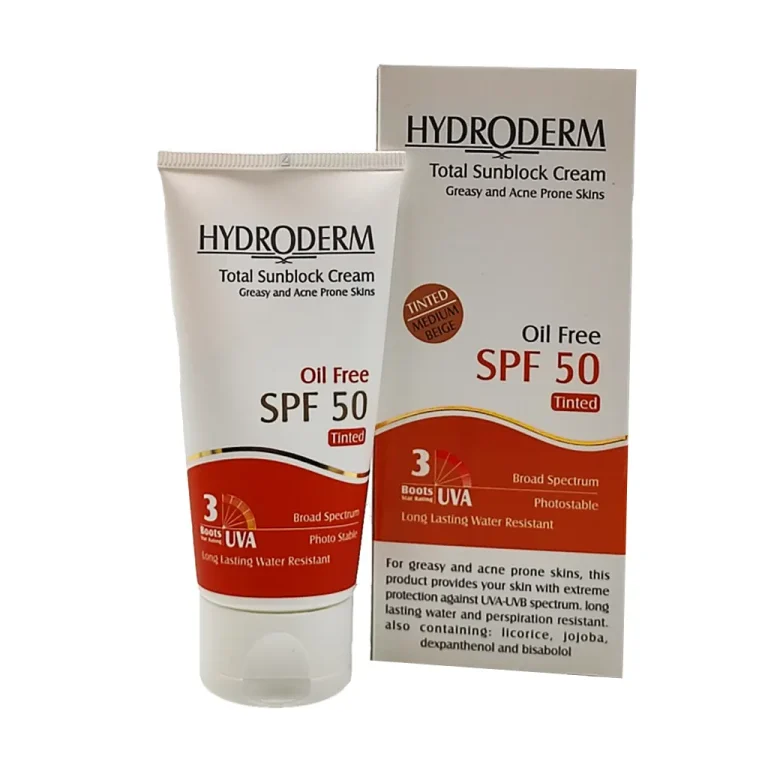 کرم ضد آفتاب رنگی بژ متوسط SPF50 هیدرودرم مناسب پوست چرب و جوشدار 50 میل